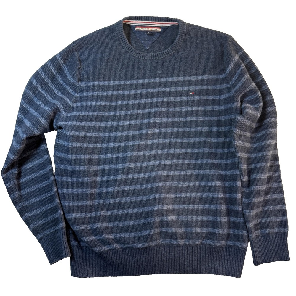 Tommy Hilfiger Sweater Quiet Luxury Mens XL Blue Striped Crew Neck Pullover